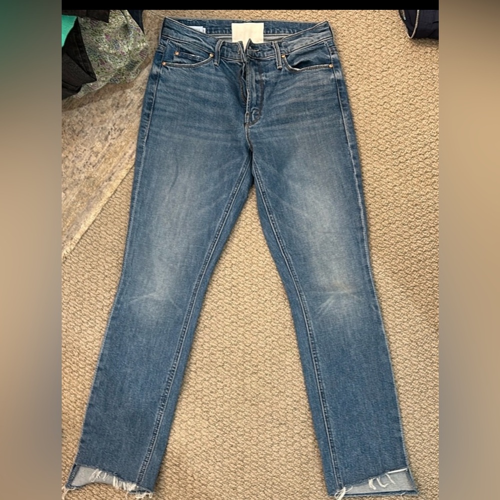 Mother Superior Mid Rise Dazzler Ankle Step Fray Blue Jeans